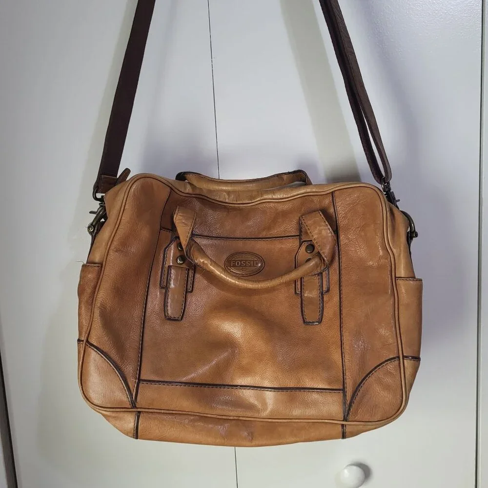 FOSSIL Brown Leather Laptop Bag Satchel Messenger Shoulder Strap y2k acadamia - Picture 15 of 16